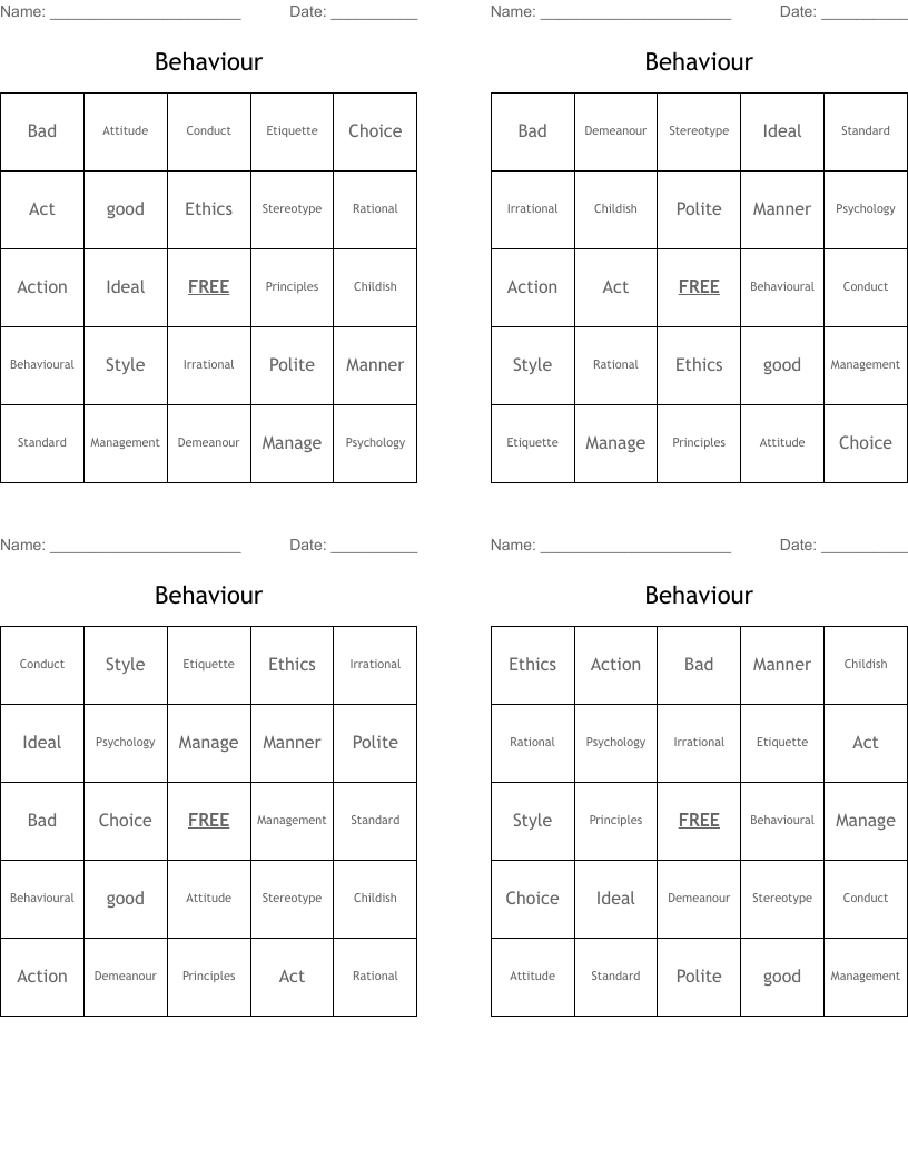 Behaviour Bingo Cards