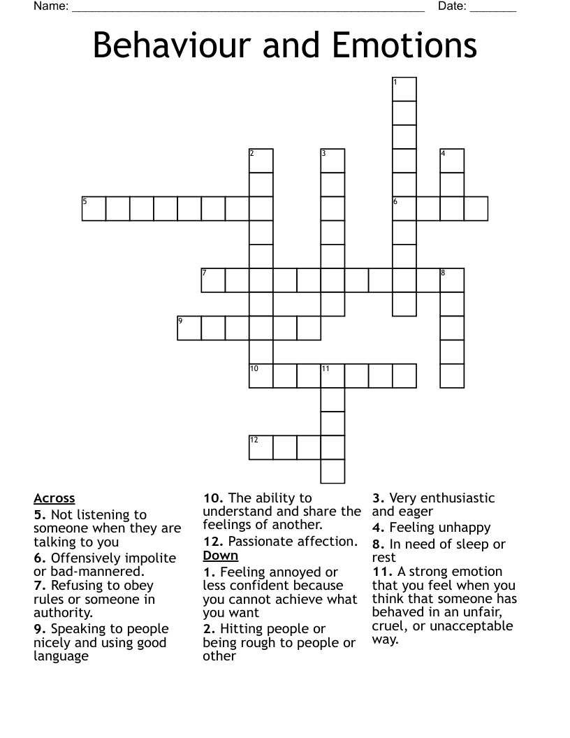 Behaviour and Emotions Crossword
