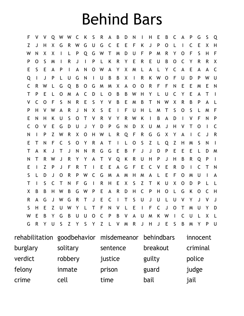 Behind Bars Word Search