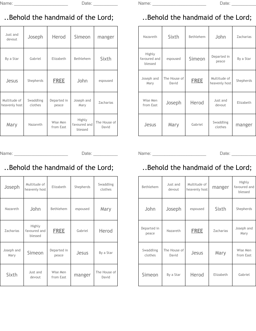 ..Behold the handmaid of the Lord; Bingo Cards