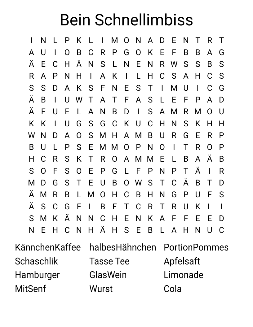 Bein Schnellimbiss Word Search