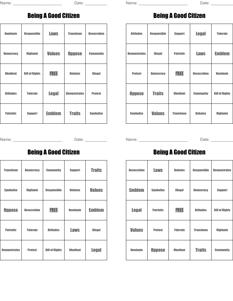 Being A Good Citizen Bingo Cards