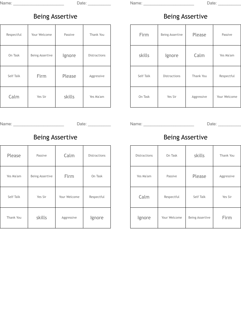 Being Assertive Bingo Cards