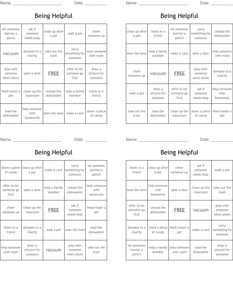 Being Helpful Bingo Cards
