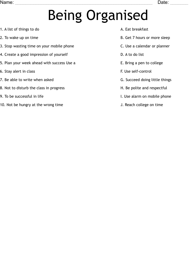 Being Organised Worksheet