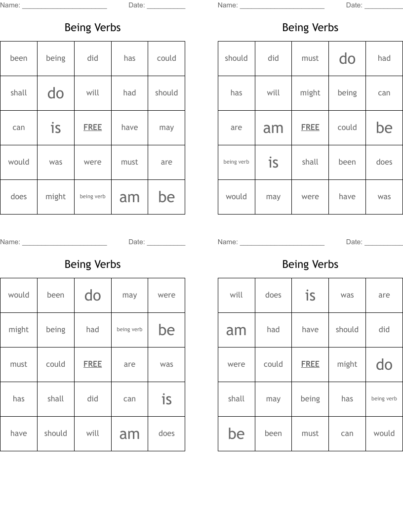 Being Verbs Bingo Cards