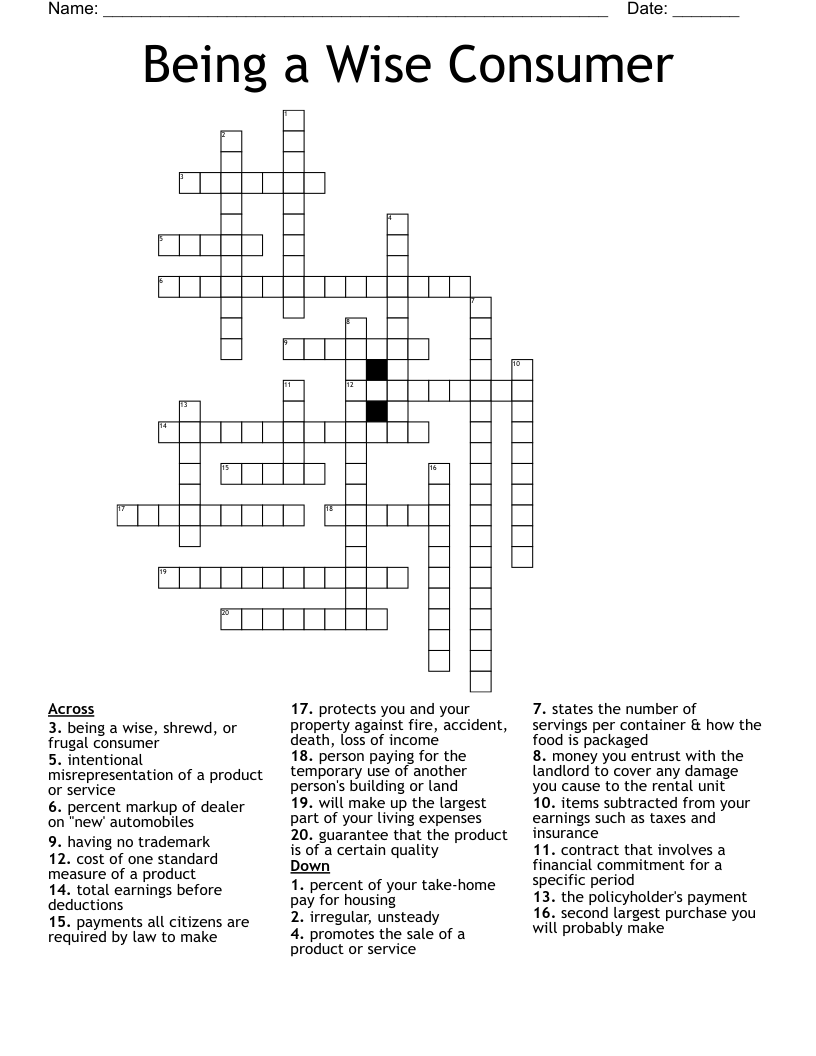 Being a Wise Consumer Crossword