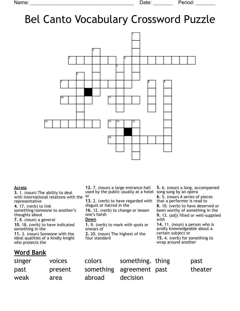 Bel Canto Vocabulary Crossword Puzzle