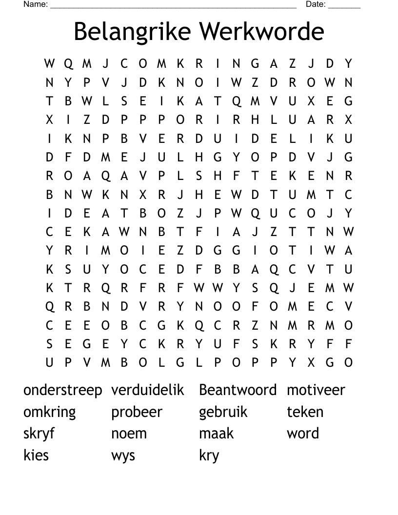 Belangrike Werkworde  Word Search