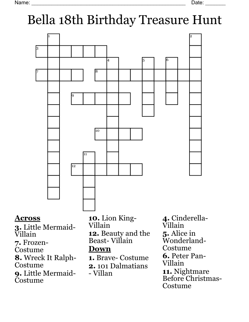 Bella 18th Birthday Treasure Hunt  Crossword
