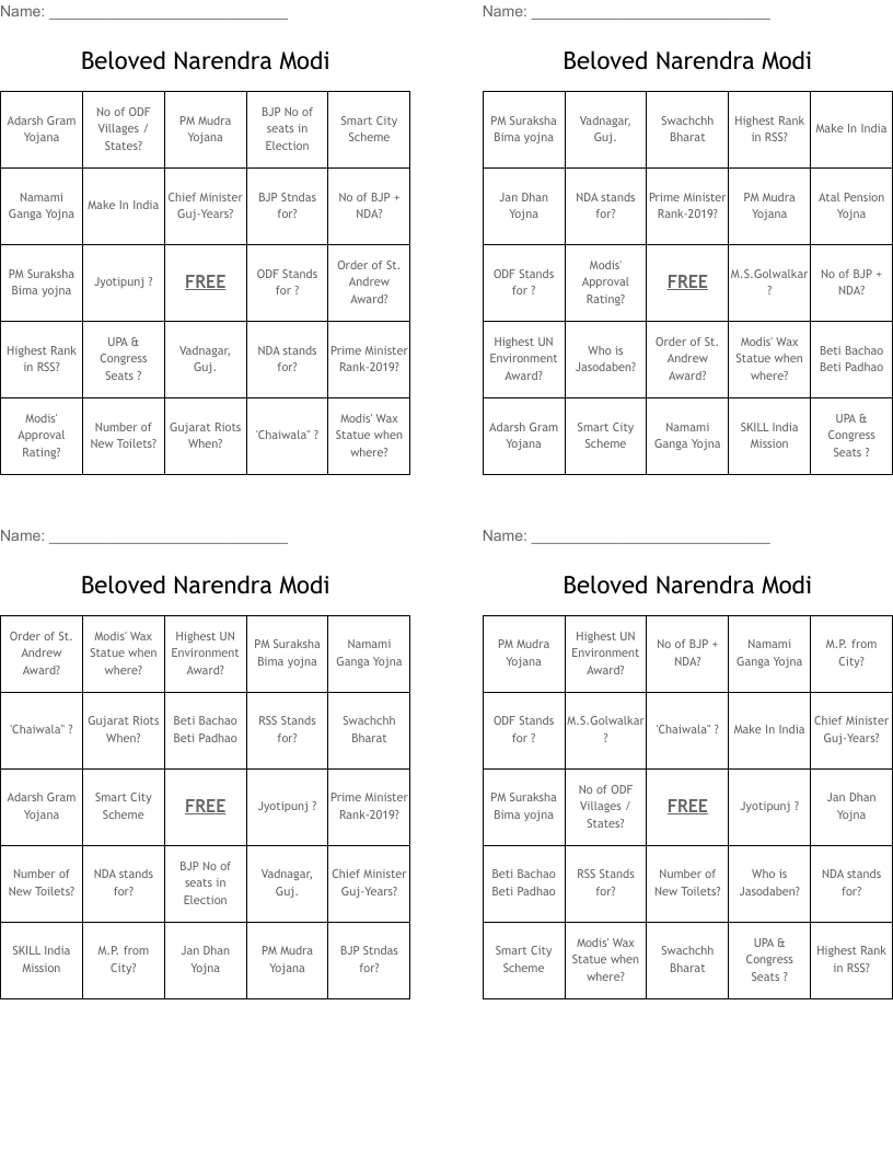 Beloved Narendra Modi Bingo Cards
