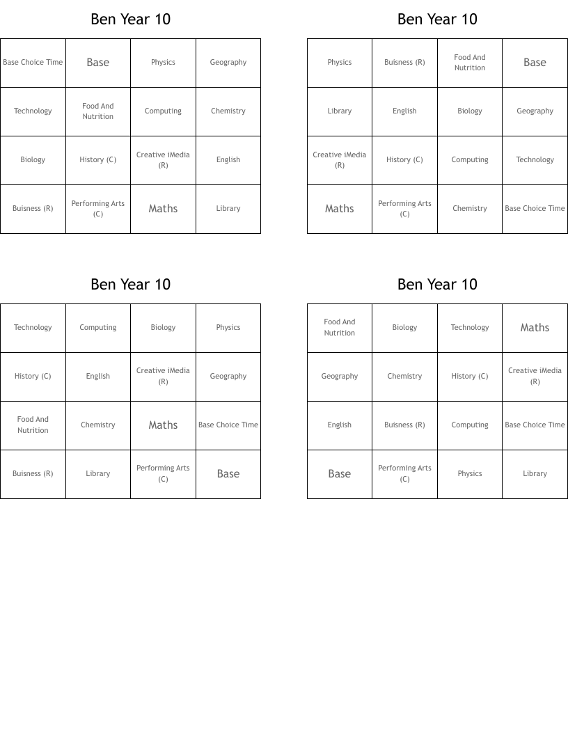Ben Year 10 Bingo Cards
