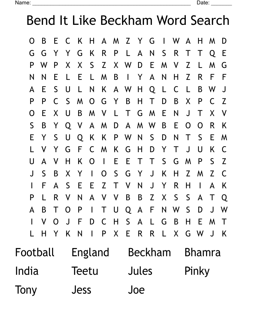 Bend It Like Beckham Word Search