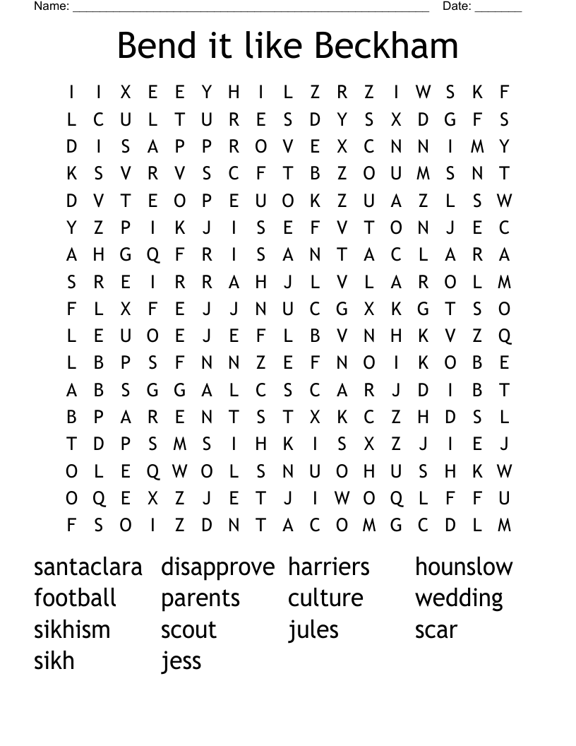 Bend it like Beckham Word Search