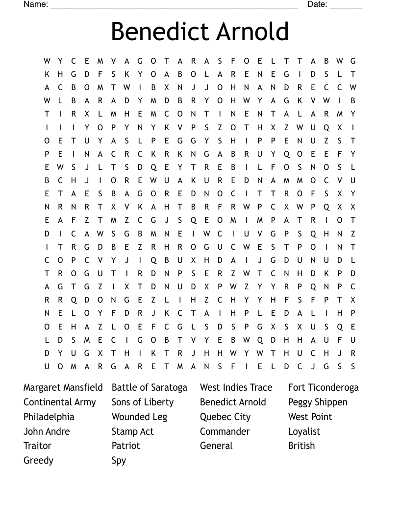 Benedict Arnold Word Search
