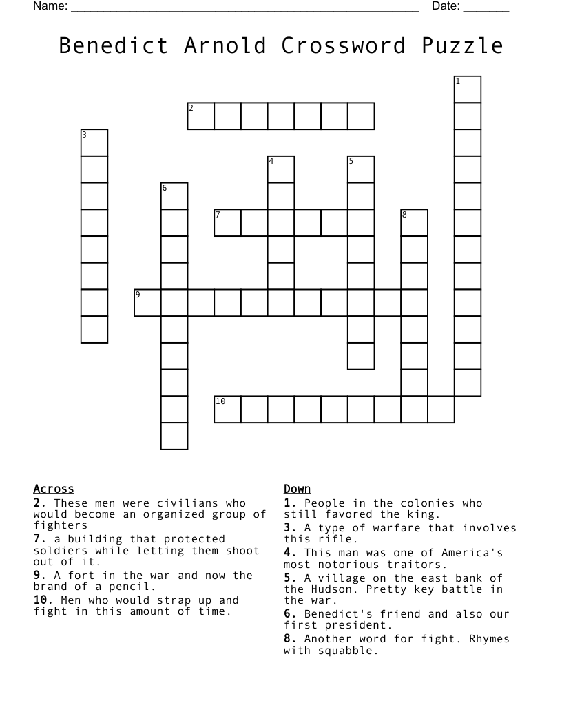 Benedict Arnold Crossword Puzzle