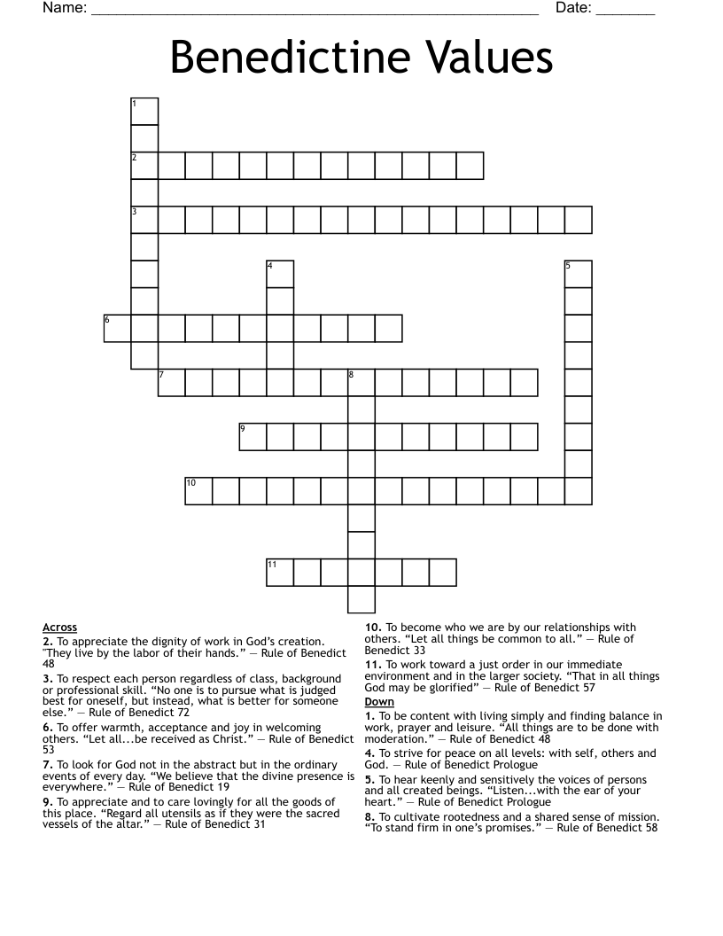 Benedictine Values Crossword