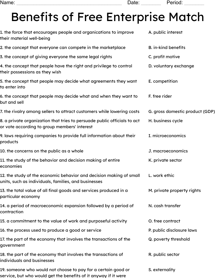 Benefits of Free Enterprise Match Worksheet
