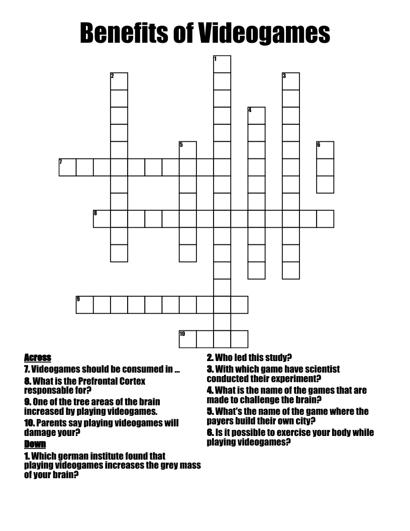 Benefits of Videogames Crossword