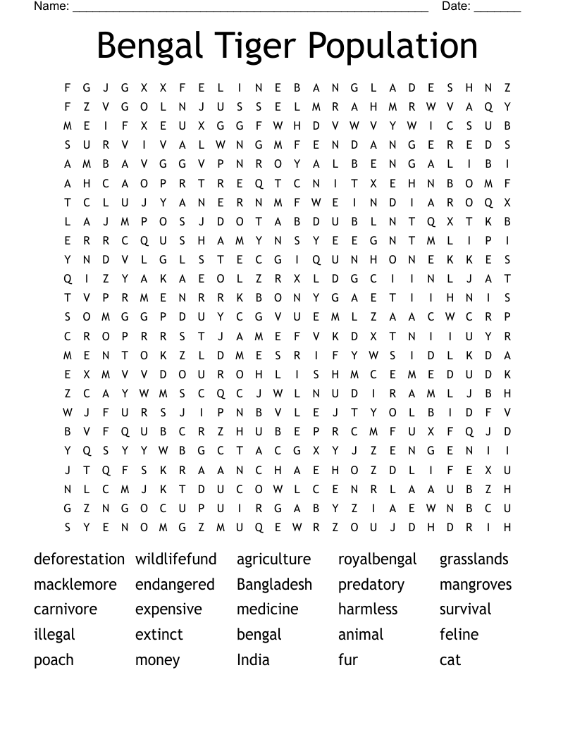 Bengal Tiger Population Word Search