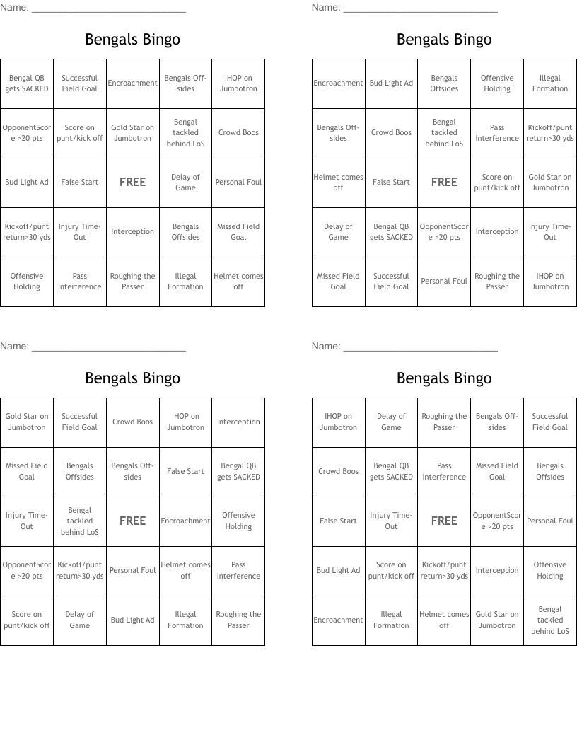 Bengals Bingo