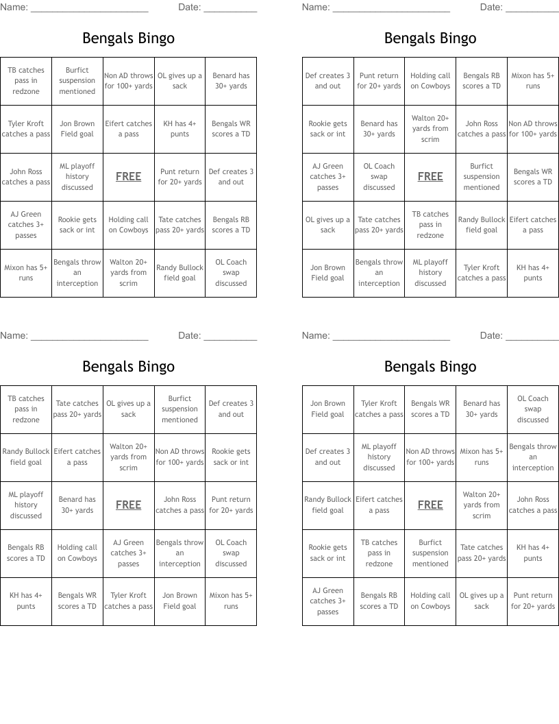 Bengals Bingo