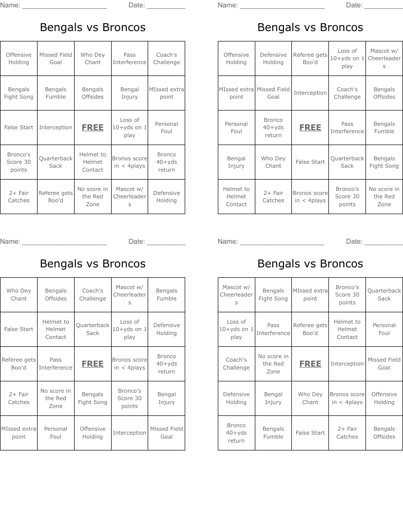 Bengals vs Broncos Bingo Cards