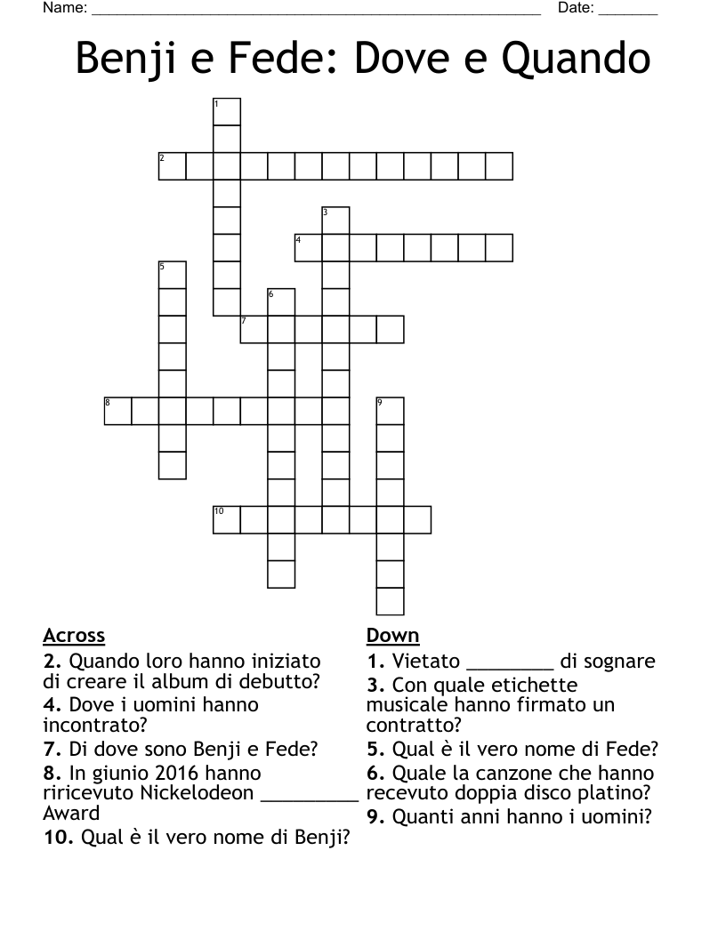 Benji e Fede: Dove e Quando Crossword