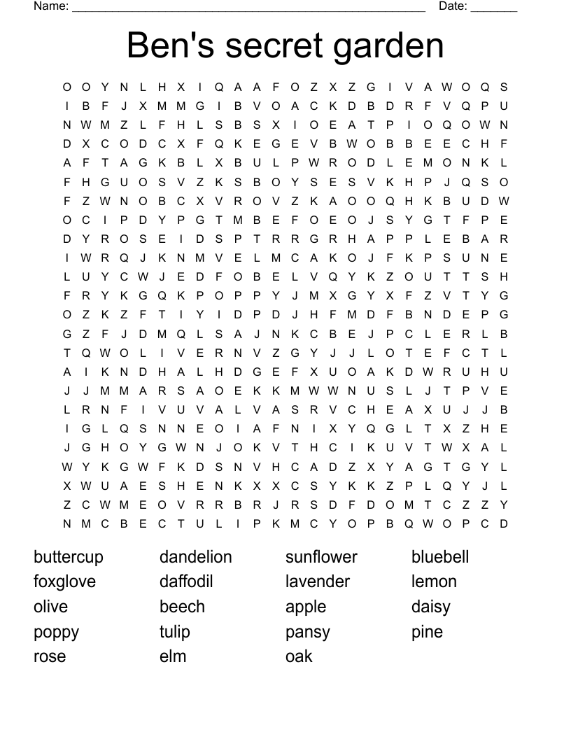 Ben's secret garden Word Search