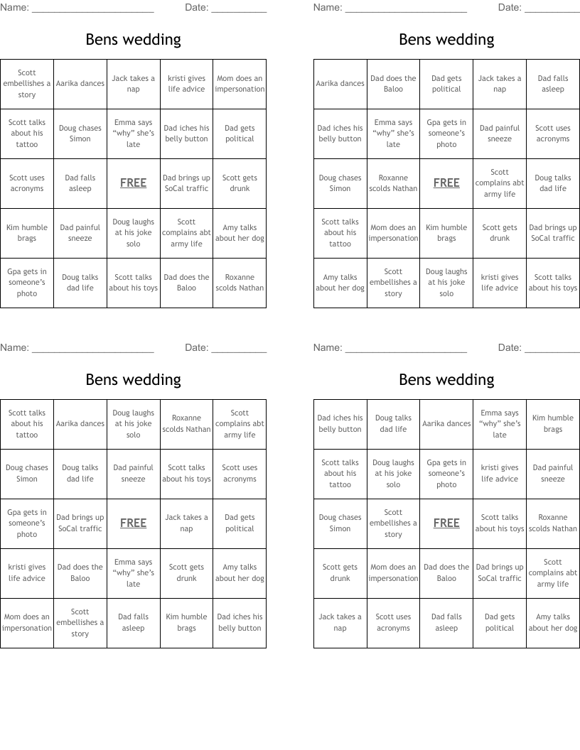 Bens wedding Bingo Cards