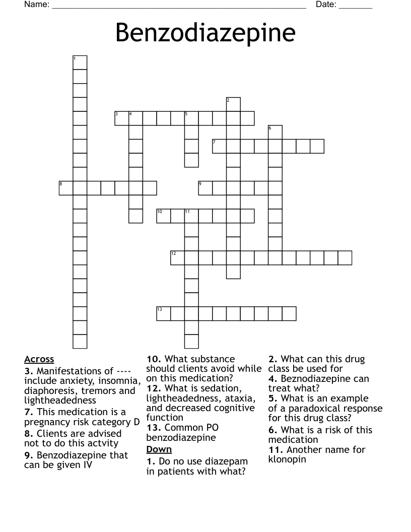 Benzodiazepine Crossword