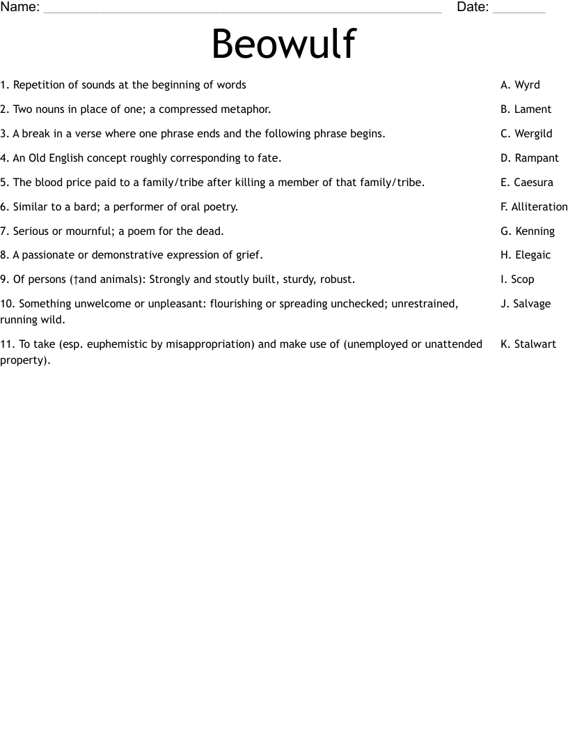 Beowulf Worksheet