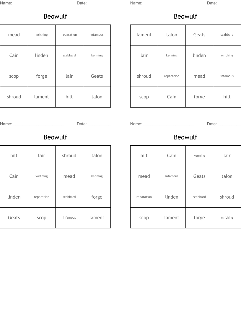 Beowulf Bingo Cards