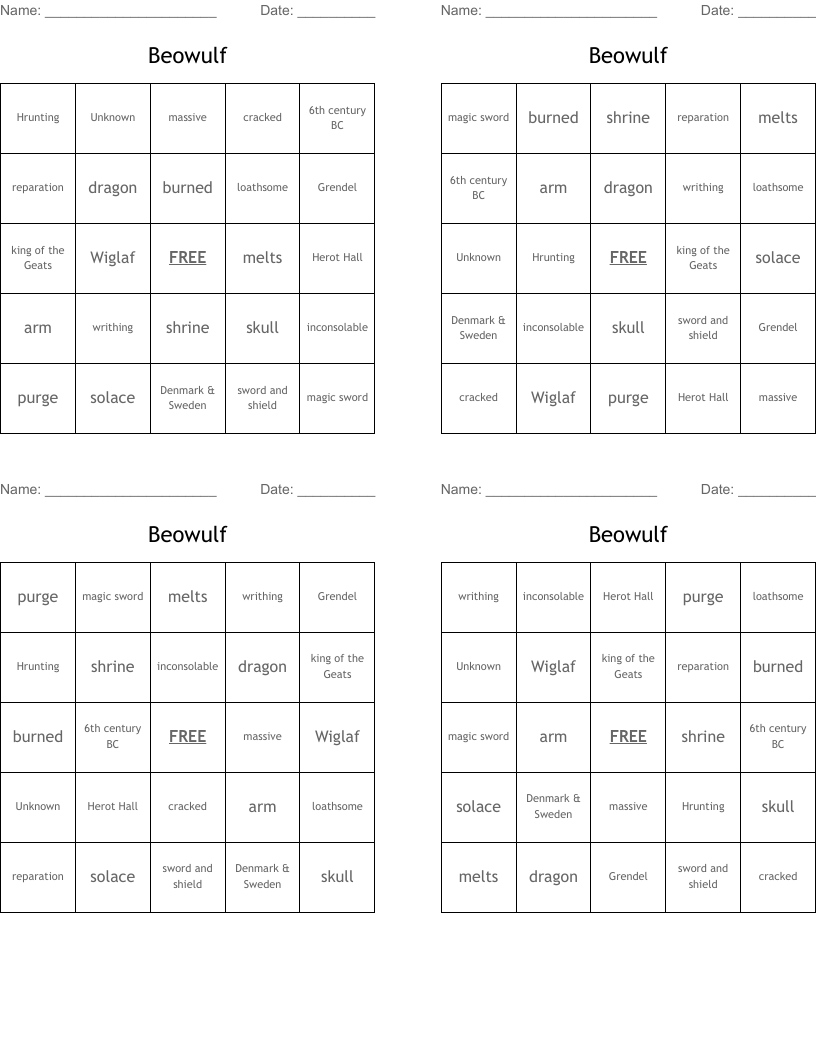 Beowulf Bingo Cards