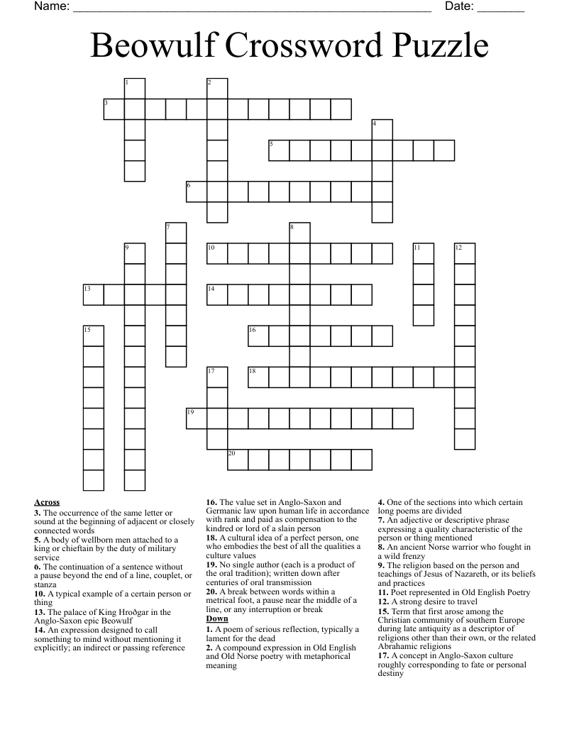 Beowulf Crossword Puzzle