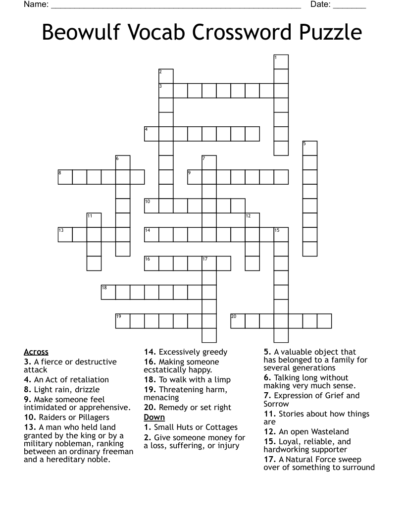 Beowulf Vocab Crossword Puzzle