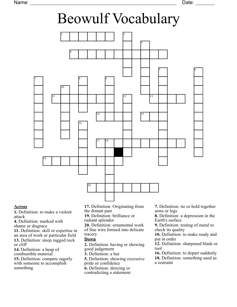 Beowulf Vocabulary Crossword