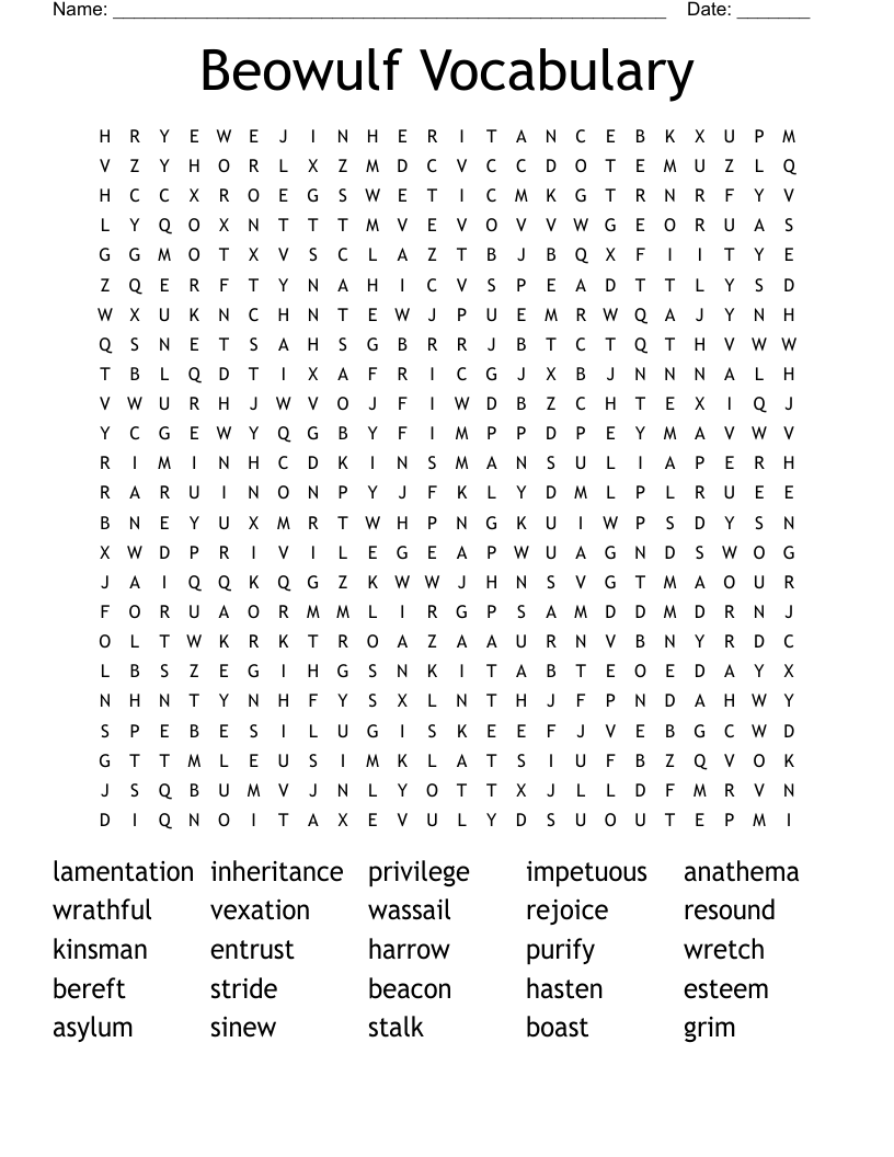 Beowulf Vocabulary Word Search