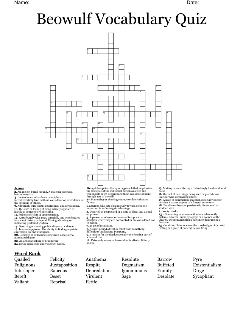 Beowulf Vocabulary Quiz Crossword