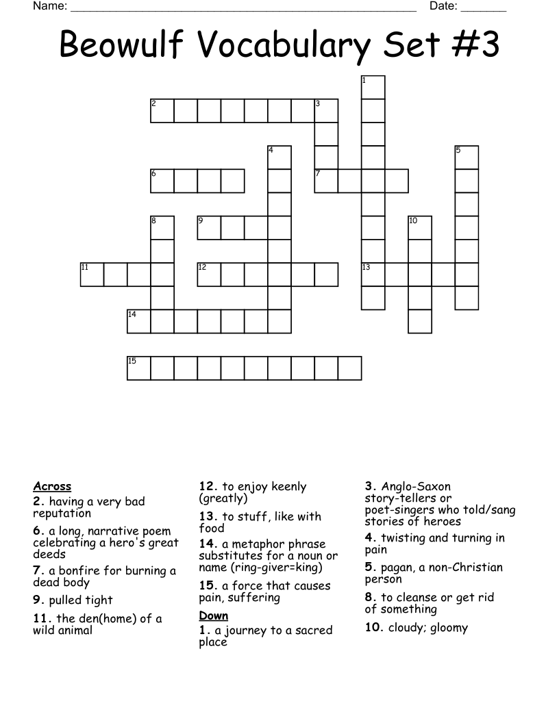 Beowulf Vocabulary Set #3 Crossword