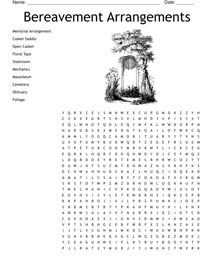 Bereavement Arrangements Word Search