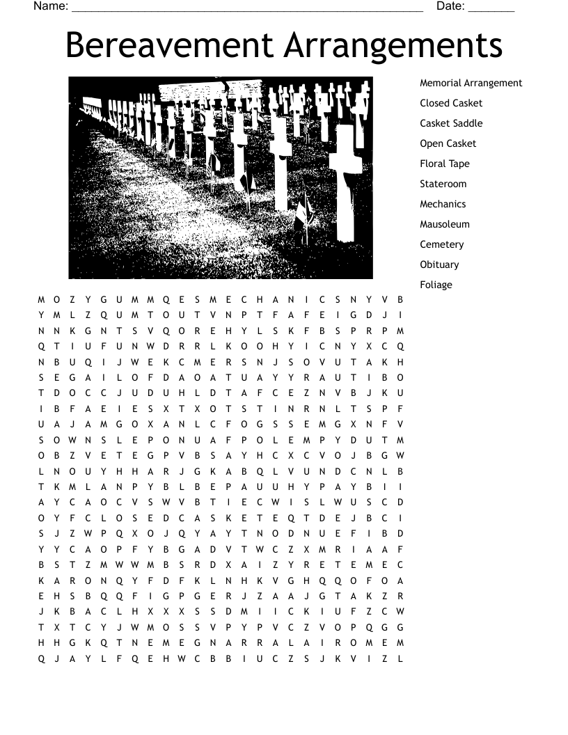 Bereavement Arrangements  Word Search