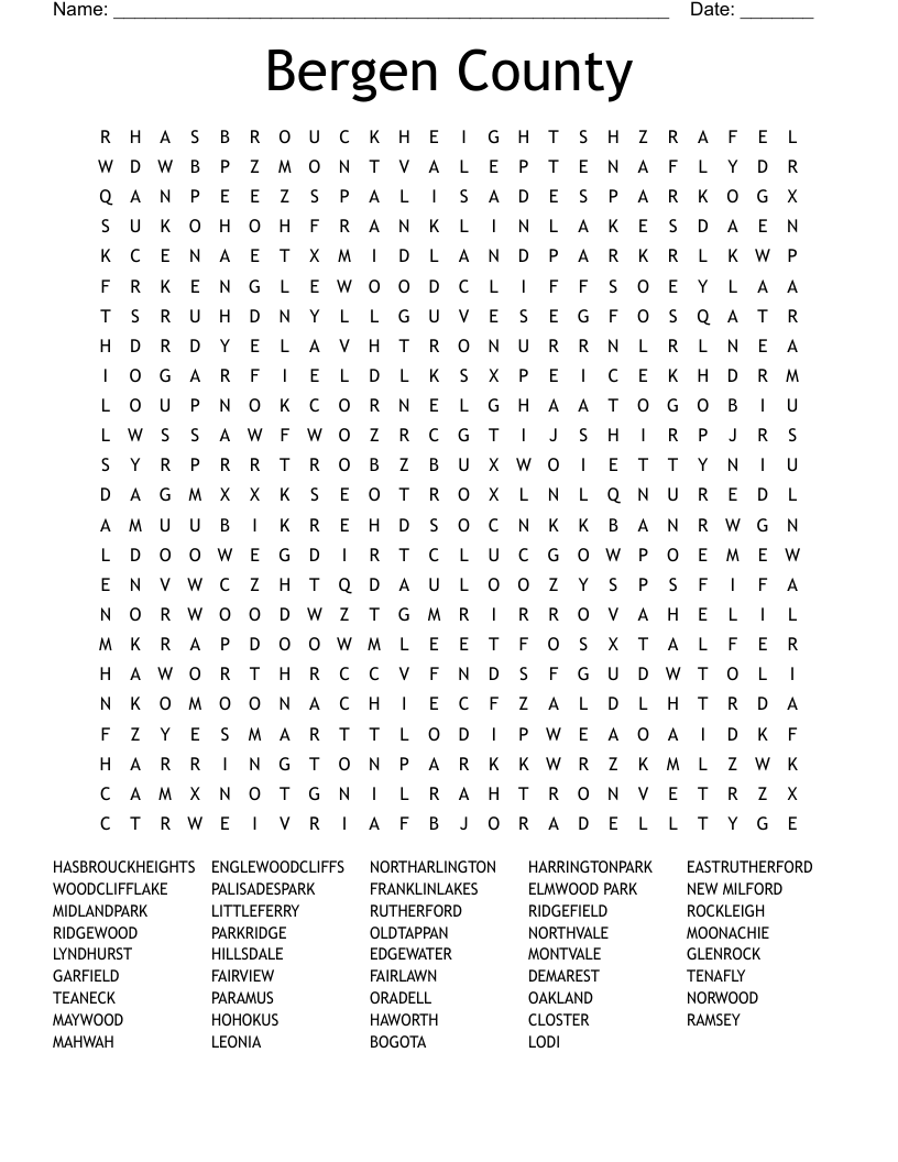 Bergen County Word Search
