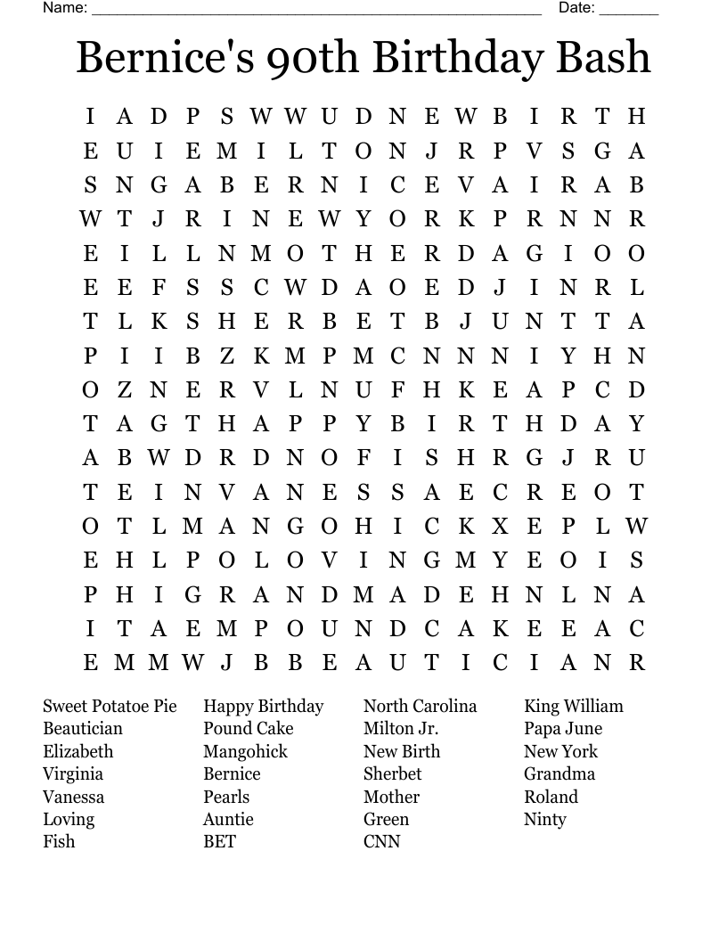 Bernice's 90th Birthday Bash Word Search