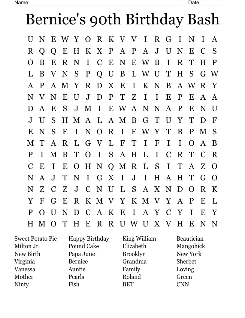 Bernice's 90th Birthday Bash Word Search