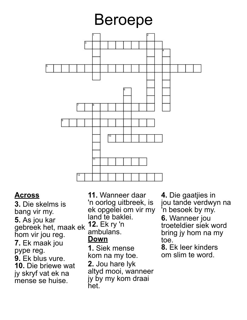 Beroepe Crossword