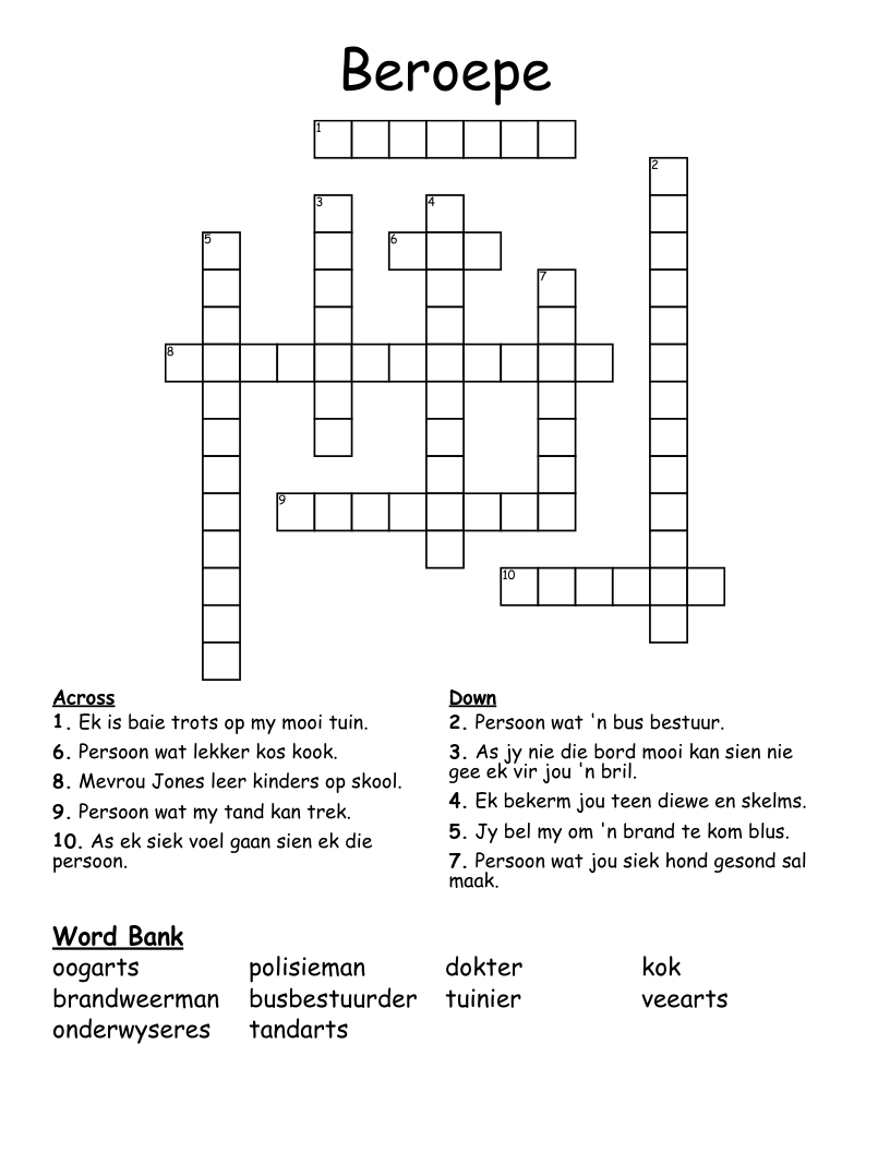 Beroepe Crossword