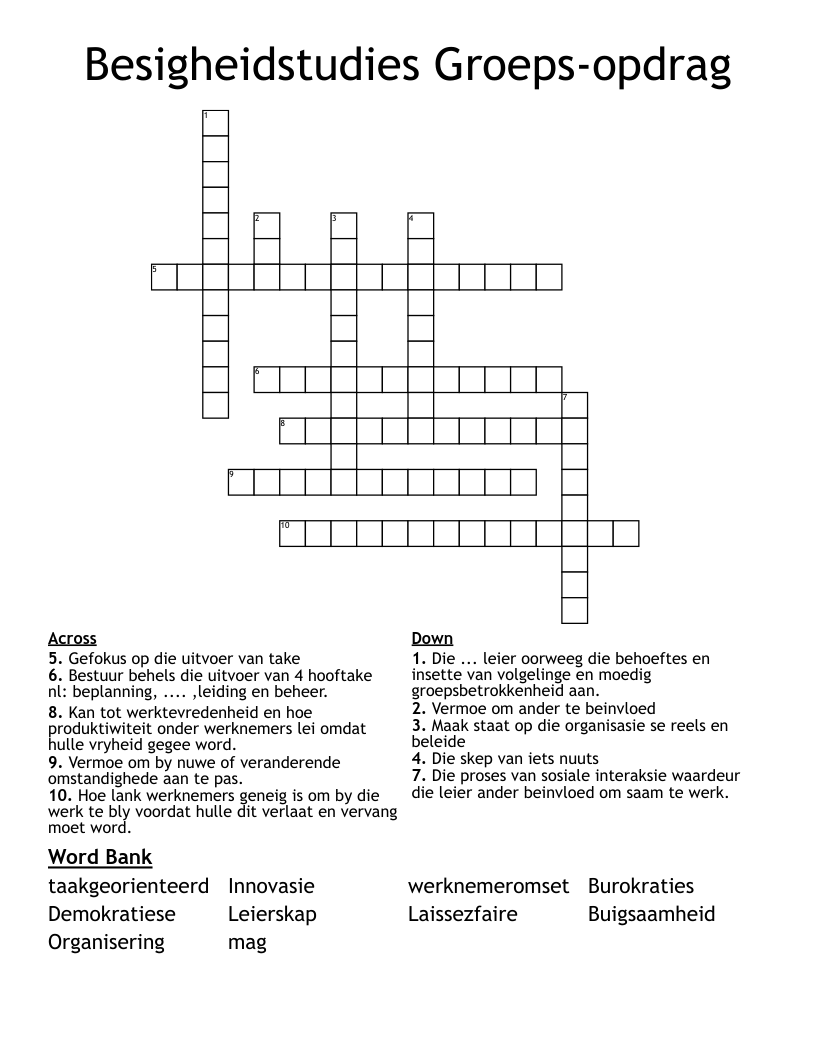 Besigheidstudies Groeps-opdrag Crossword