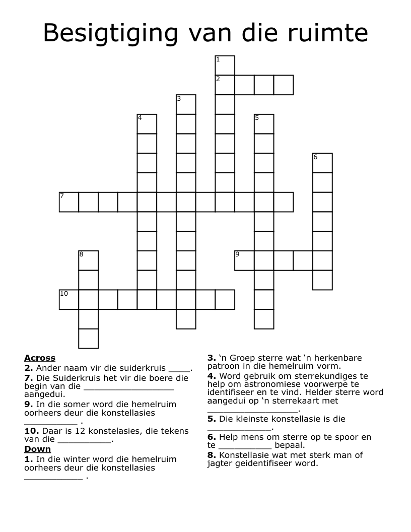 Besigtiging van die ruimte Crossword