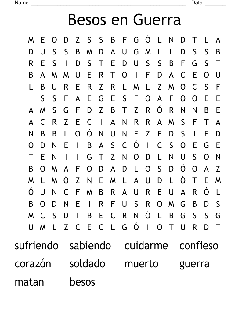 Besos en Guerra Word Search